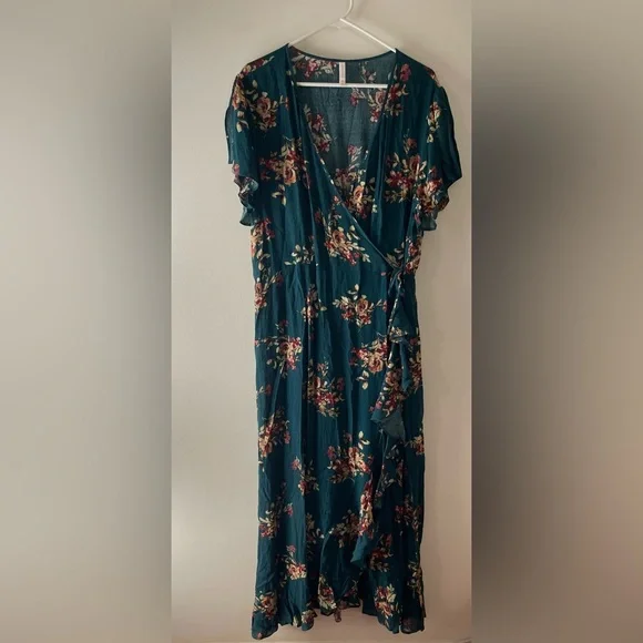 Xhilaration Teal Floral Wrap Midi Dress - Picture 1 of 5